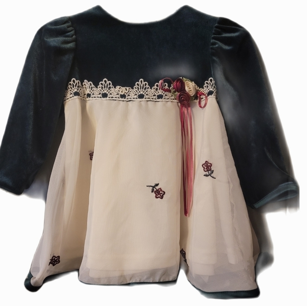 Rose Cottage Green Velour and Cream Lace With Burgandy Embroidered Flowers